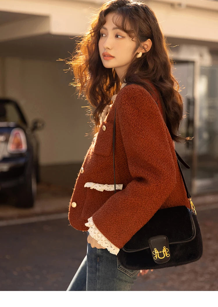 MISHOW Wool Coat for Women Winter Korean Retro Lace Splicing Lamb Wool Button Pockets Thickened Warm Female Coat MXB43W0720