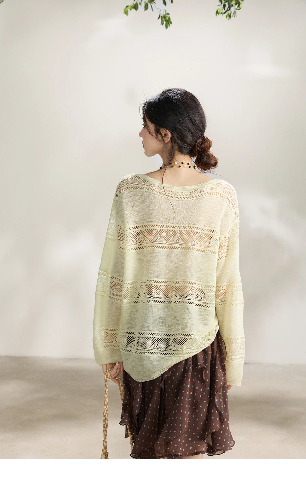 MISHOW Women's Pale Yellow Knit Top 2026 Spring Crew Neck Hollow Out Striped thin tops Casual Loose Sheer Sweater MXF13Z3020