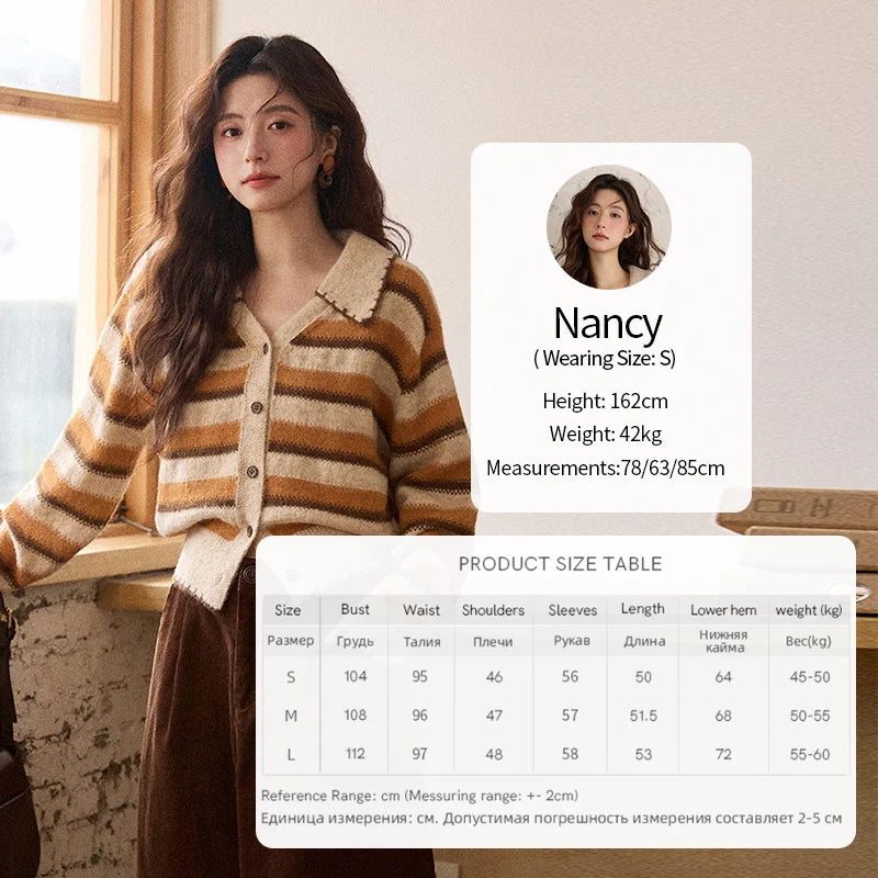 MISHOW Striped Cardigan for Women 2025 Winter Retro Unique Design V-neck Single-breasted Sweater Wool Long Sleeve Top MXE87Z2681