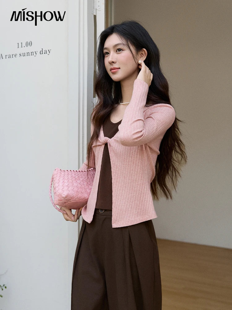MISHOW Women's Pink Brown Fake Two-Piece Top 2026 Spring Ribbed Knit Knot Front Thin Top U-Neck Long Sleeve Slim Tops MXF11Z2912