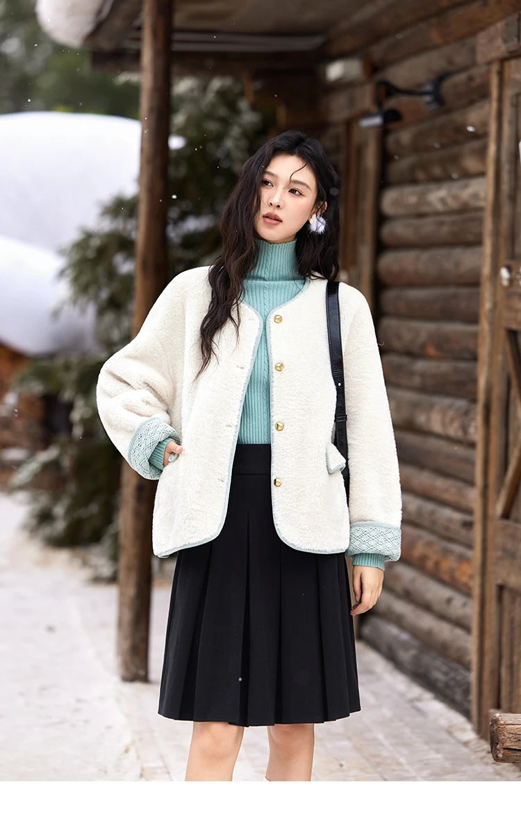 MISHOW Lamb Wool Jacket Women Cuffs Spliced Lace Metal Buttons Design Suede Plush Soft Warm Solid Leather Fur Coats MXD58W0740