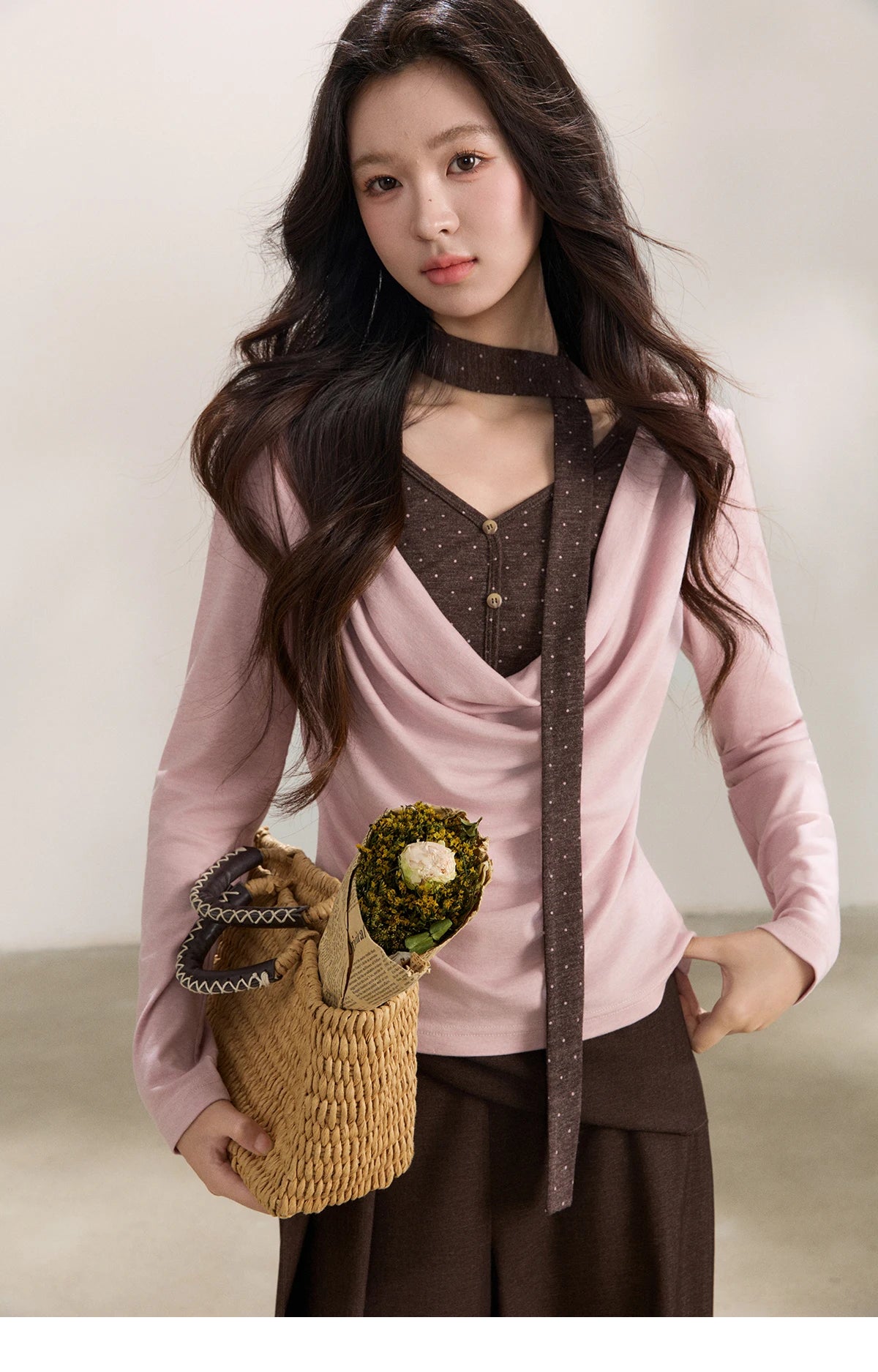 MISHOW Women's Wool Blend Fake Two Piece Draped Neck Knit Top 2026 Spring Wave Point Ribbon Contrast Color Casual Top MXF13Z2977