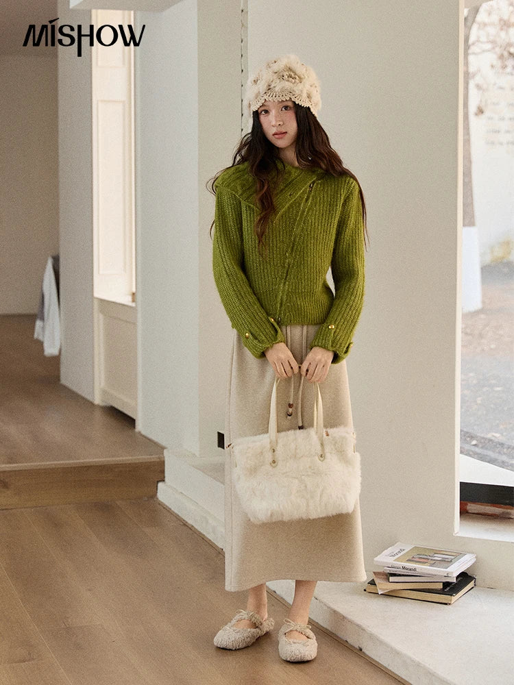 MISHOW Woman Green Sweater 2025 Winter Wool Blend Long-pile Large Lapel Knit Top Loose Design Commute Pullovers MXE90Z2760