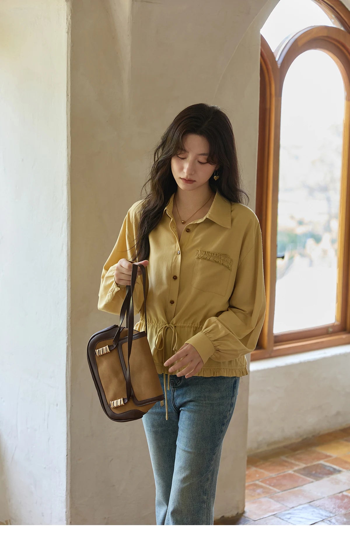 MISHOW Autumn French Drawstring Waist Shirt 2025 Yellow Hem Lotus Leaf Top Female Lapel Lantern Sleeve Commuter Shirt MXE42C2368