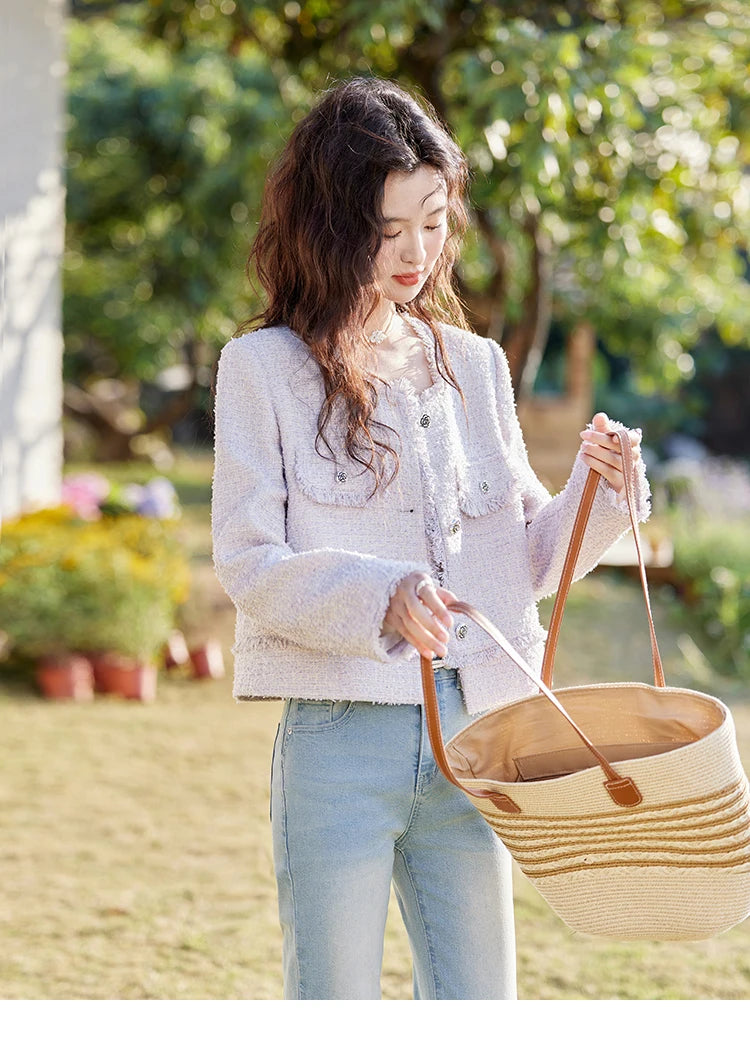 MISHOW Tassel Fragrant Coat for Women 2025 Spring Rose Buckle Weave Short Coats Elegant Square Neck Straight Coats MXE13W0733