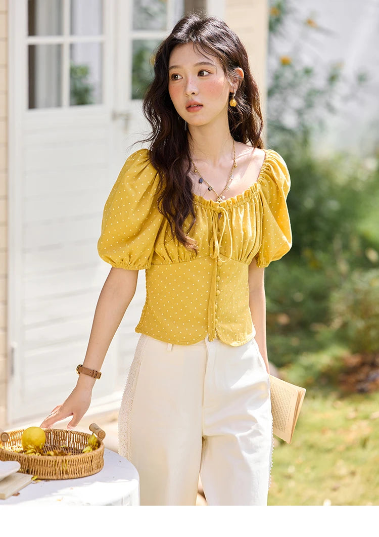 MISHOW Yellow Polka Dot One Shoulder Blouses for Women Summer 2025 Back Elastic Vintage 100 Cotton Top Lace-up Blouse MXE35X1840