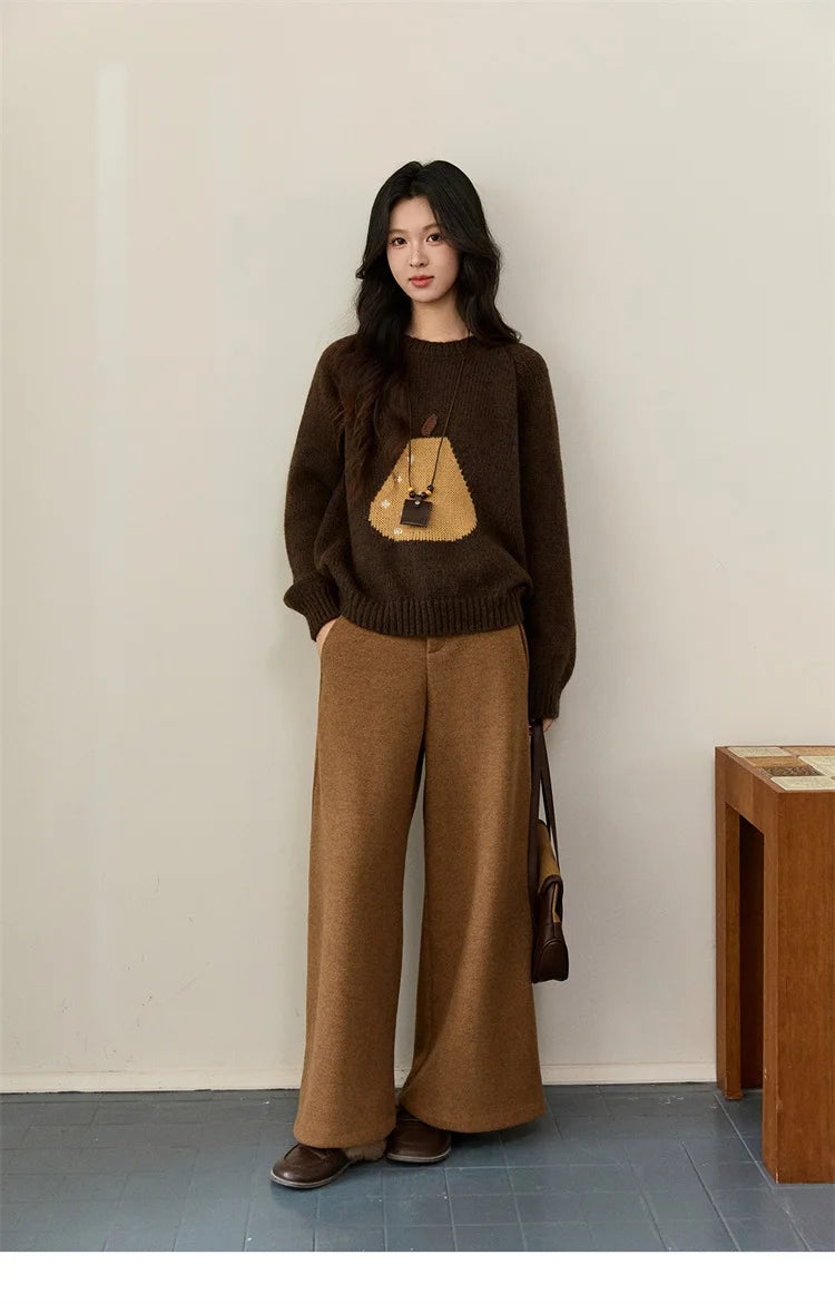 MISHOW Pear Pattern Jacquard Knitted Sweater Autumn Winter Crew Neck Loose Sweaters Wool Blend Warm Pullover Tops MXE94Z2959