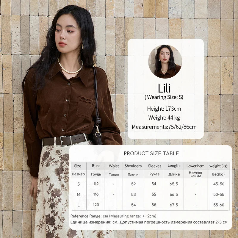 MISHOW Brown Corduroy Shirt Women 2025 Retro Long Sleeves Raw Edge Pocket Loose Casual Shirt Autumn Women's Tops MXE47C2419