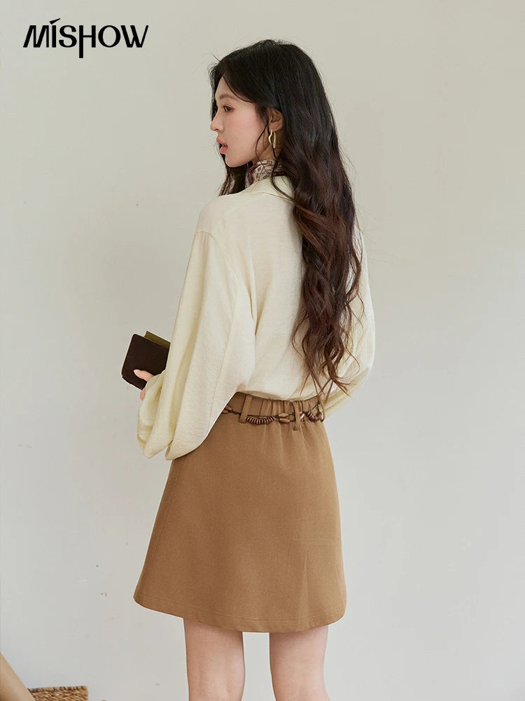 MISHOW Women's Lapel Lantern Sleeve Shirts 2026 Spring Lace Trim Casual Loose Breathable Solid Shirt Office Lady MXF13C2436