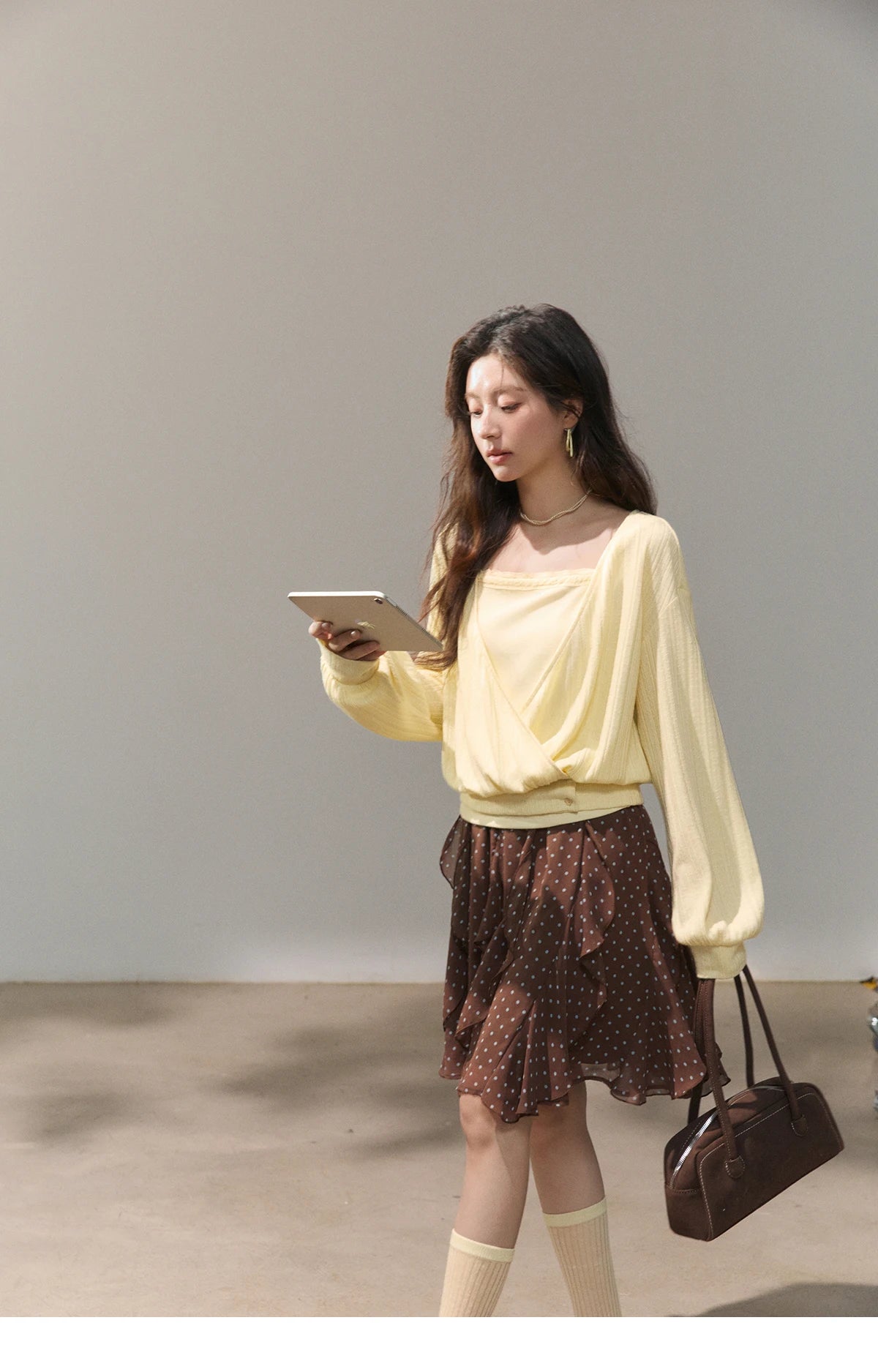 MISHOW Women's Lemon Yellow Two-Piece Set Spring Knitted Lantern Sleeve Pullover Tops Strap Lace Edge Camisole Set MXF13T1513