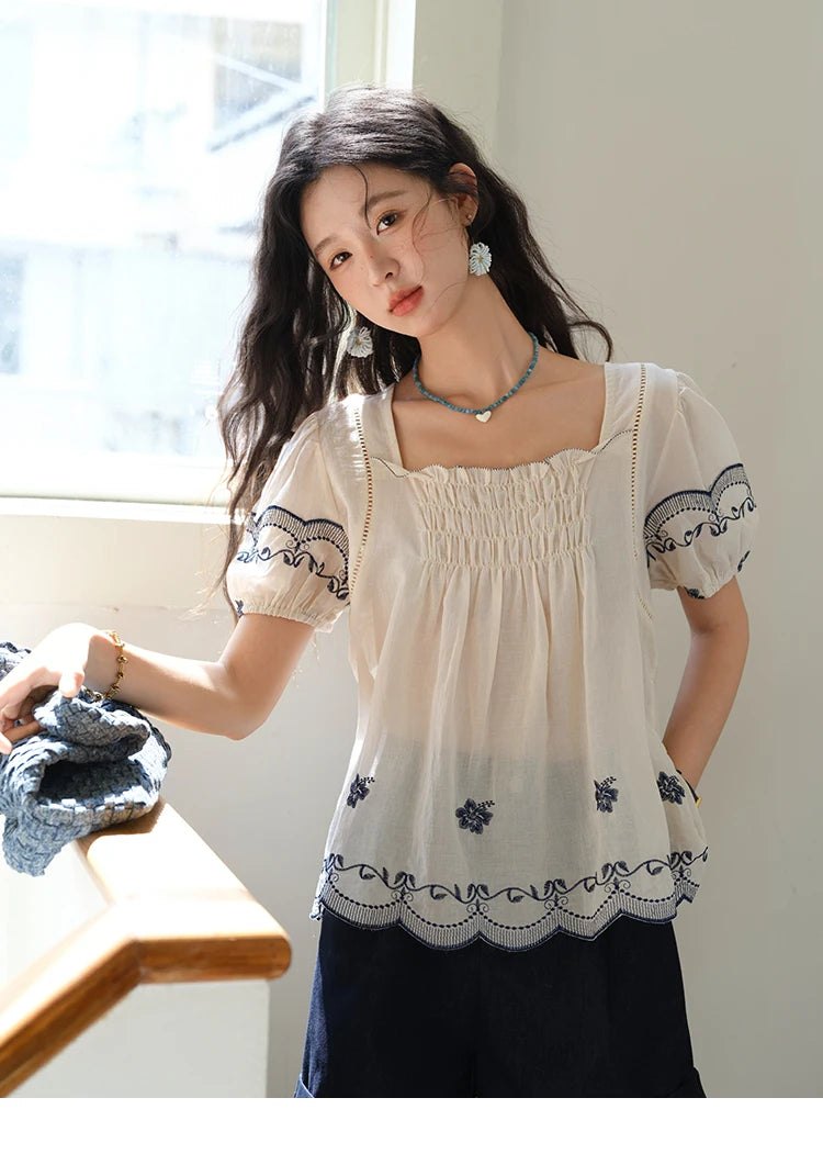 MISHOW Square Neck Puff Sleeve Women's Blouse 2025 Summer Fashion Flower Embroidery Hollow Out Blouse Female Clothing MXE39X1953