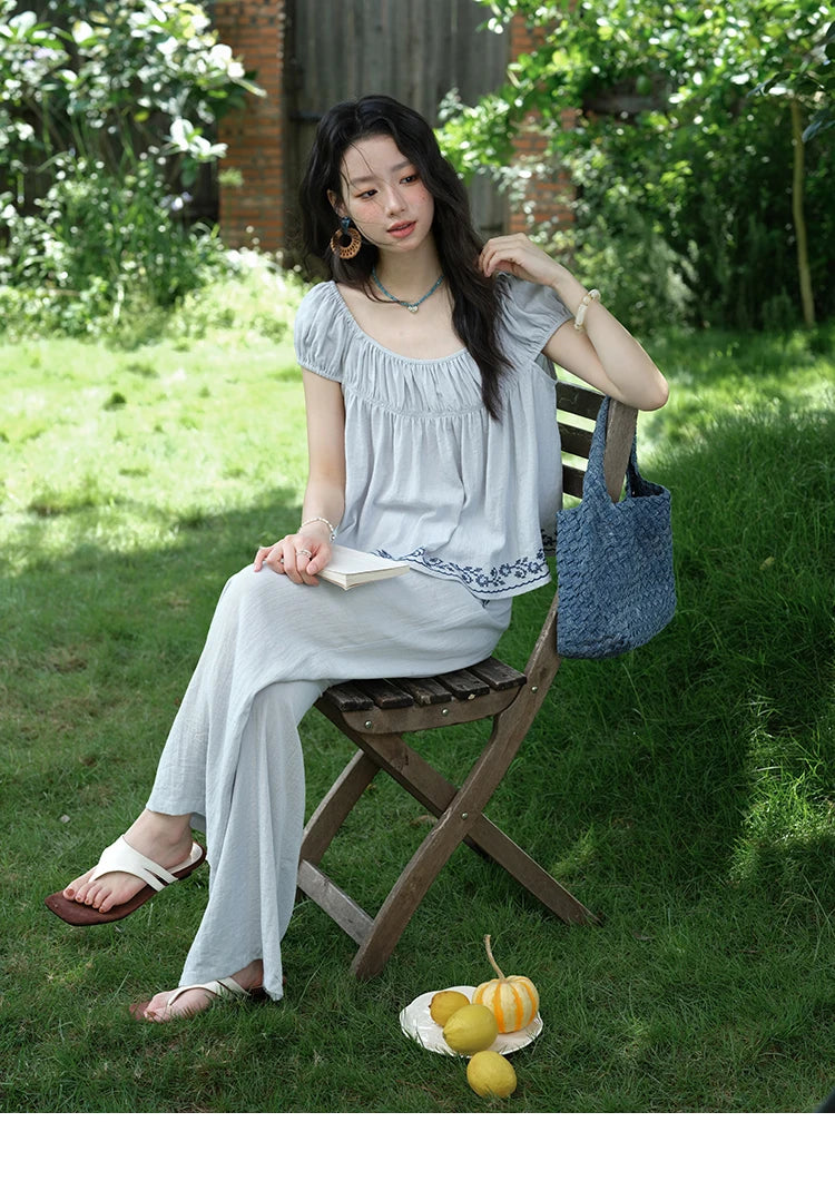 MISHOW Women's Two Piece Set 2025 Summer New Embroidery Flower Round Neck Blouse Fashion Pocket Wide Leg Pants Set MXE39T0669