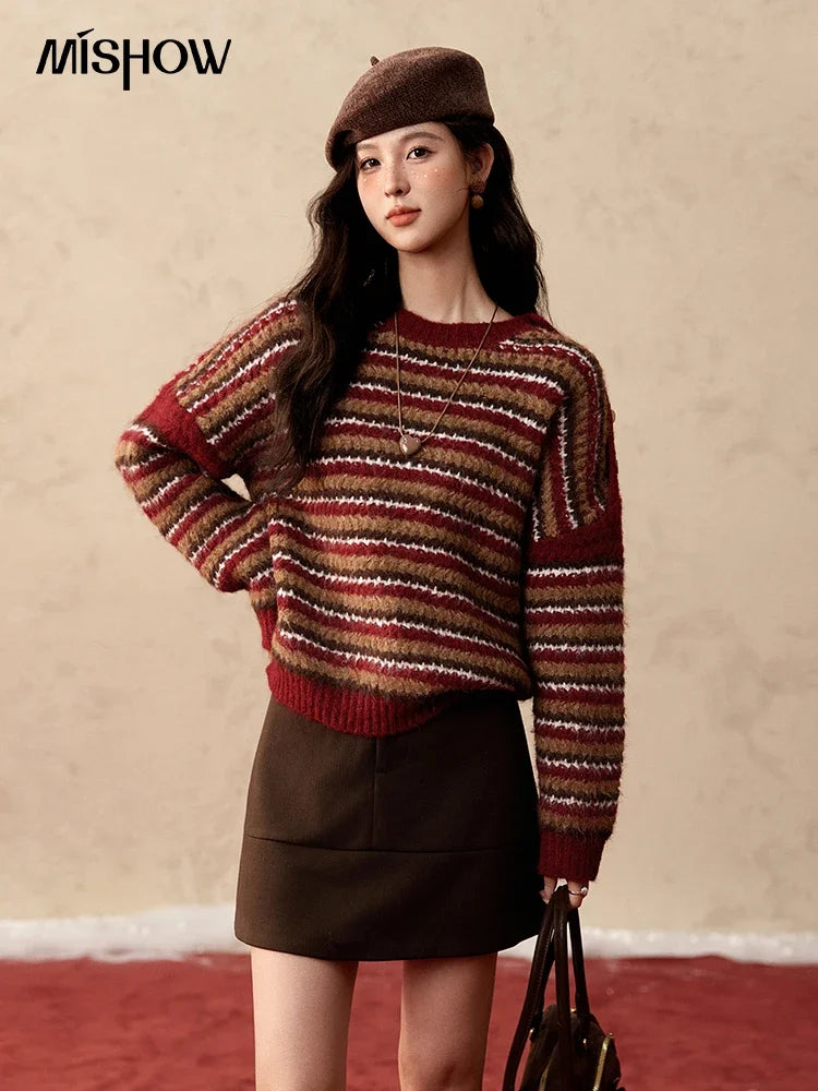 MISHOW Christmas Retro Striped Wool Blend Sweater Women Button Decoration Women Clothing Thick O-Neck Knitted Tops MXD59Z1060