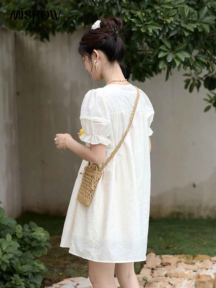 MISHOW Vacation Retro Sweet Dress for Women 2025 Summer Jacquard Embroidered Bubble Sleeve Dresses with Bohemian Belt MXD30L1864