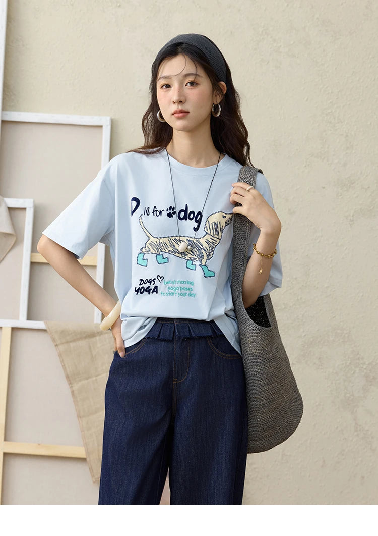 MISHOW Print Summer T-shirts Women 2025 Short Sleeve Round Neck Flocked Puppy Loose Shirt Female Casual Versatile Top MXE33T0542