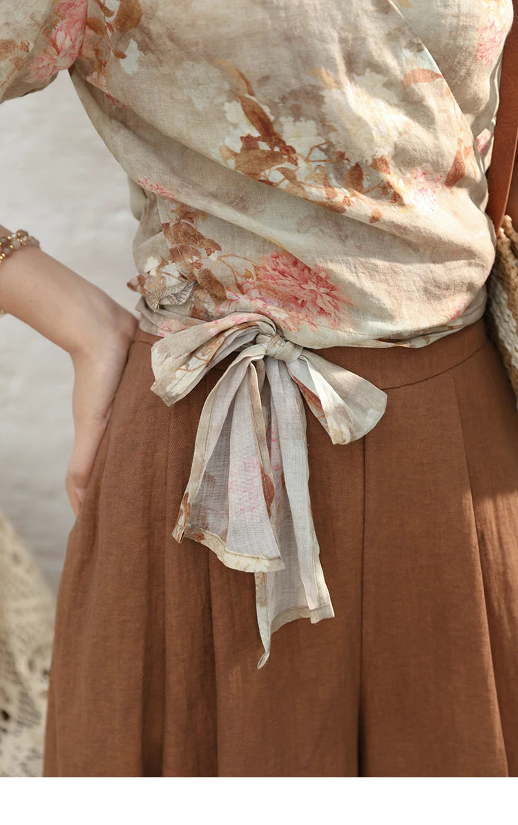 MISHOW French V-neck Floral Tops 2024 Summer Retro Short Sleeved Blouses Female Puff Sleeve Hem Strap One Piece Top MXD28X1619