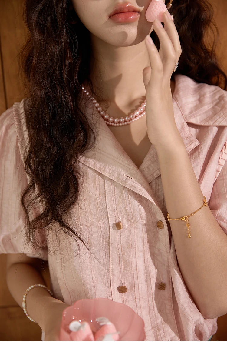 MISHOW Retro Pink Short Sleeved Shirt 2024 Summer V-neck Folded Ruffled Edge Top Elastic Cuffs Lapel Neck Blouses MXD29C0273