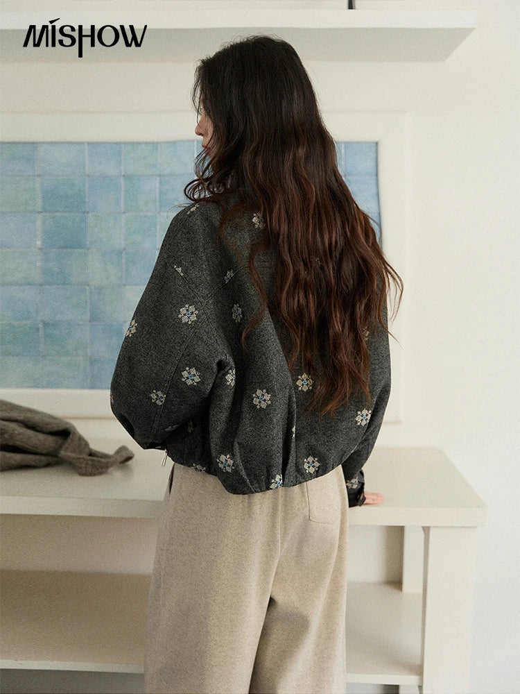 MISHOW Women's Wool Blend Jacket 2025 Winter Retro Small Flower Embroidery Decorated Coat Turtleneck Zipper Jacket MXE86W0906