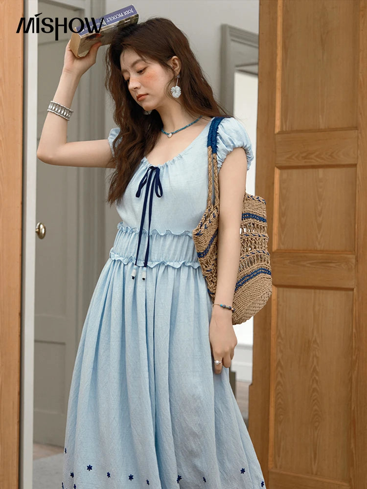 MISHOW Women's Bohemian Embroidery Dress 2025 Summer Ladies Fashion V-neck Lace Up Flower Bud Sleeve Blue Long Dress MXE36L2244