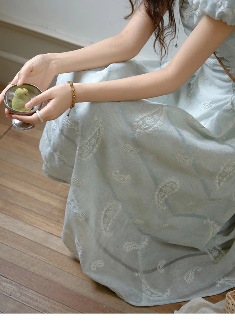 MISHOW Fashion Embroidery A-line Dress for Women 2025 Summer Puff Sleeve Square Neck Vacation Dresses Female Clothing MXE34L2265