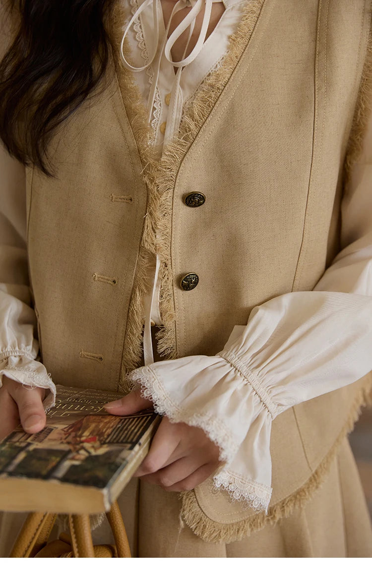 MISHOW Khaki Rough Selvedge Vest Coat Pleated Skirt Two-piece Set 2025 Autumn Women Linen Blend Retro Set Office Lady MXE41T0690