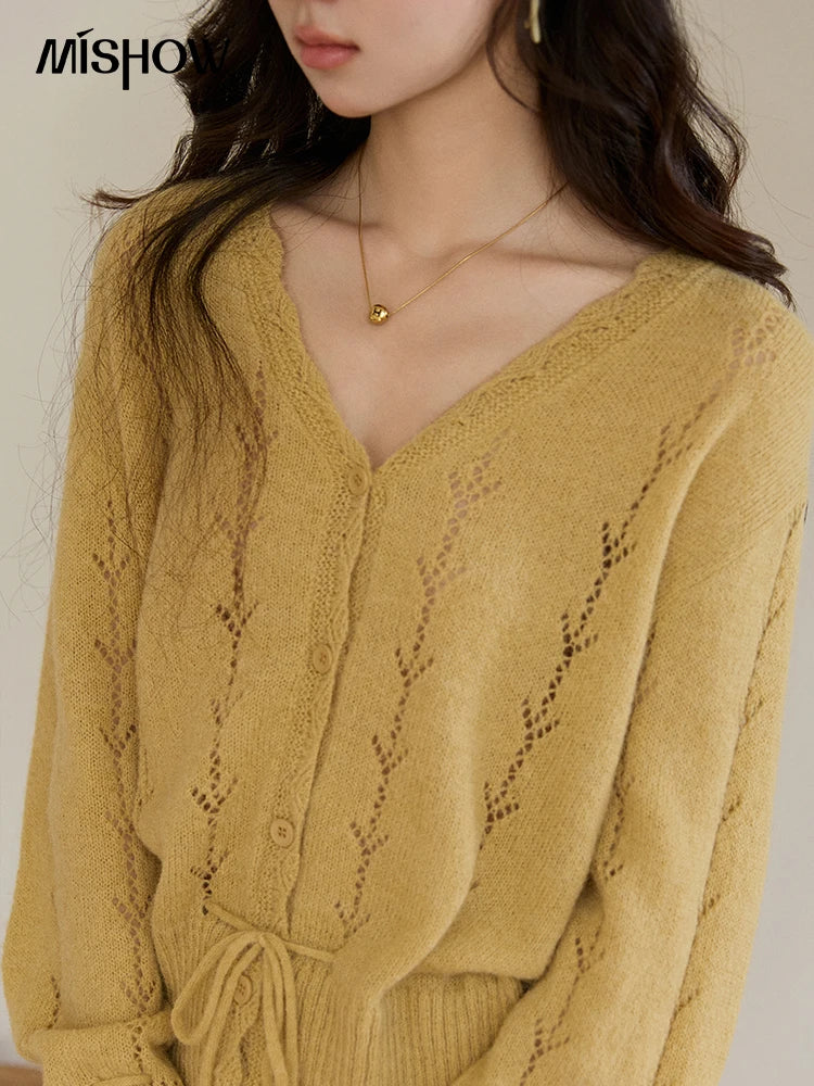 MISHOW Women's Yellow Knitted Cardigan 2026 Spring Hollow Out V-Neck Drawstring Waist Long Sleeve Casual Loose Tops MXF108Z1022