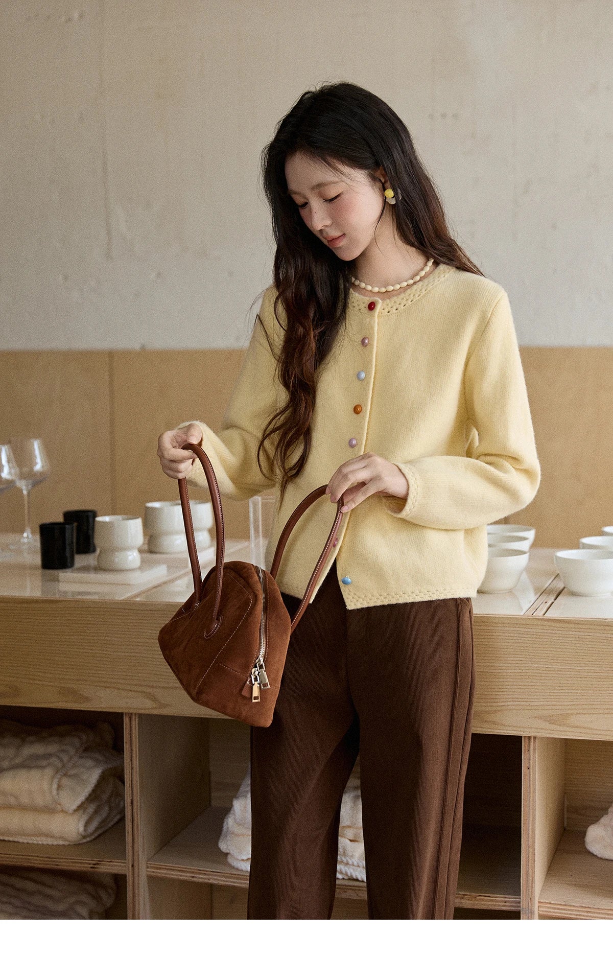 MISHOW Women's Cardigan 2025 Slim Fit Hollow Out Round Neck Rainbow Button Sweater French Style Solid Warm Knitwear MXE90Z2796