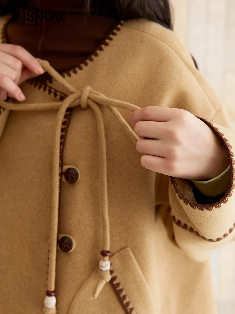 MISHOW Coat for Women 2025 Autumn Winter Khaki Asymmetrical Design Shell Flower Embroidery Lace-up Short Casual Coat MXE49W0854