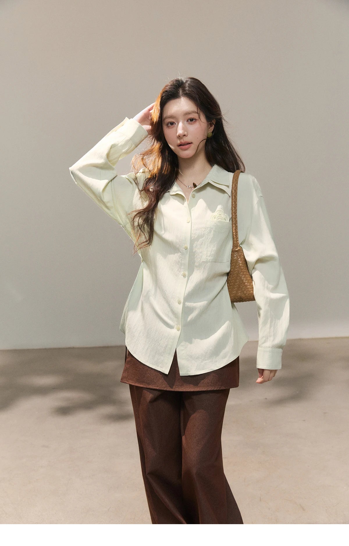 MISHOW Women's Contrast Trim Lapel Collar Shirts 2026 Spring Floral Embroidery Pocket Decor Button Waist Casual Shirt MXF13C2440