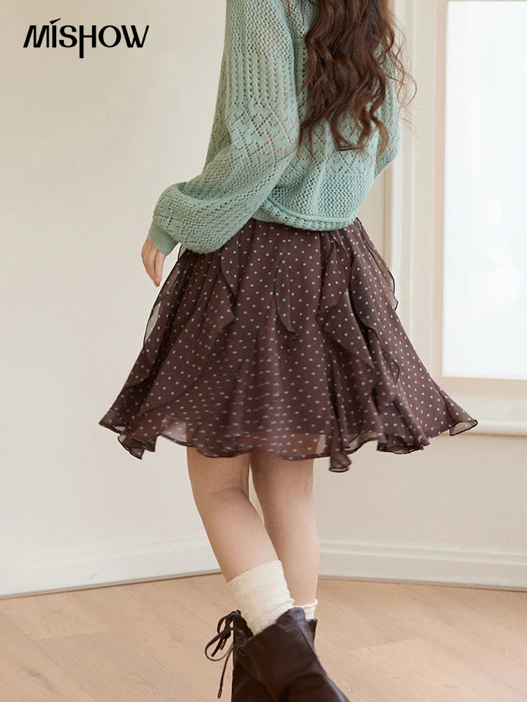 MISHOW Women's Brown Polka Dot Skirt Spring Irregular Ruffled Chiffon Elastic Waist Skirts Casual A-line Mini Skirt MXF13B2476