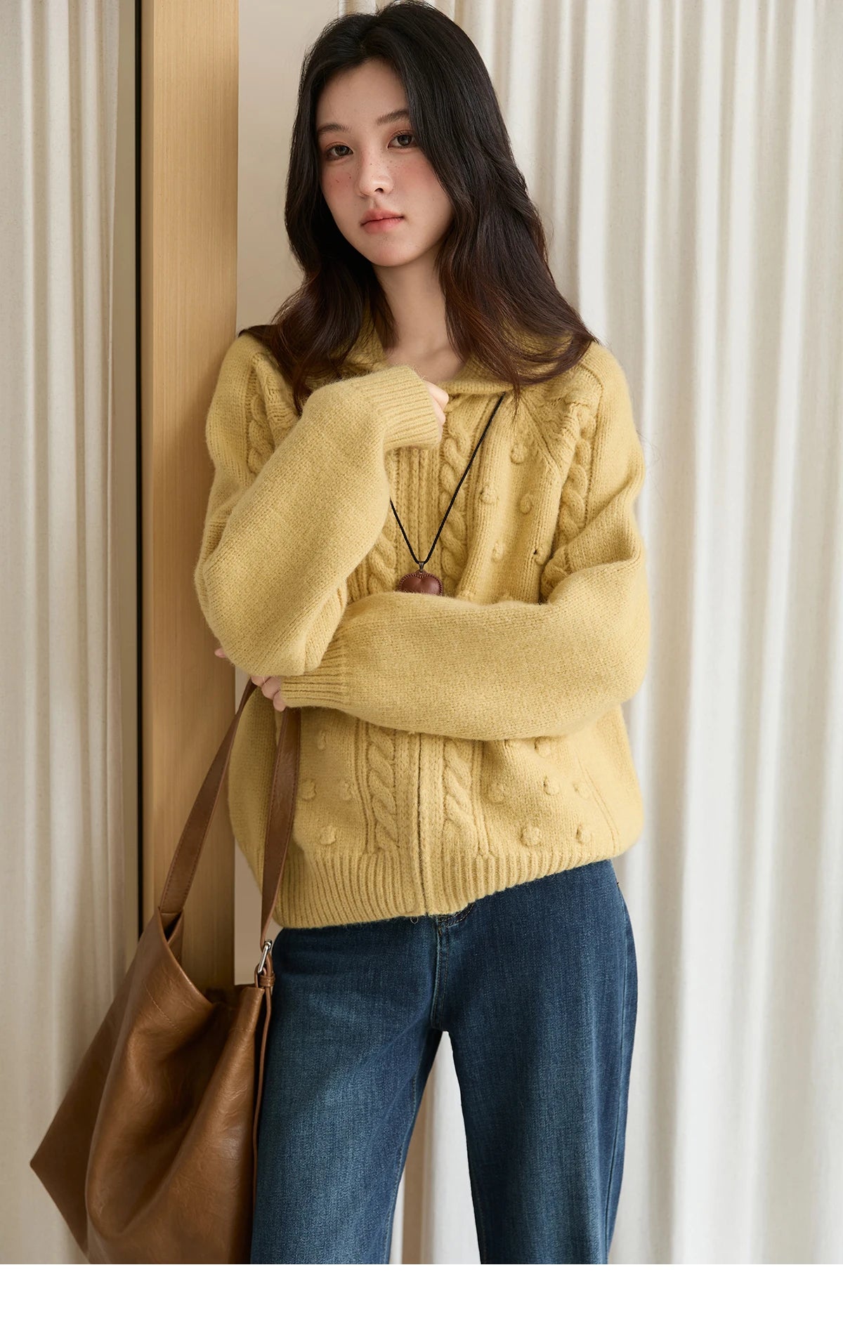 MISHOW Zipper Knit Cardigan Women 2025 Winter Yellow Turn-down Collar Loose Thick Sweater Luxury Comfort Casual Top MXE49Z2619