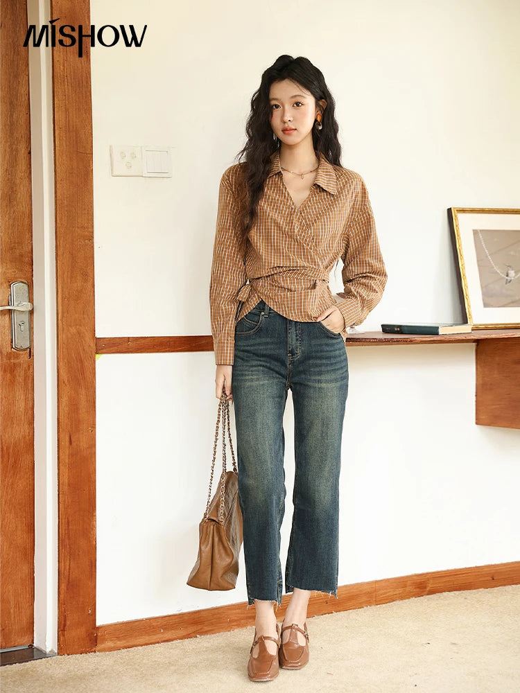 MISHOW Women's 100 Cotton Dark Orange Plaid Shirt Autumn Design Side Waist Lace-up Long Sleeved Shirts Office Lady MXE46X2494