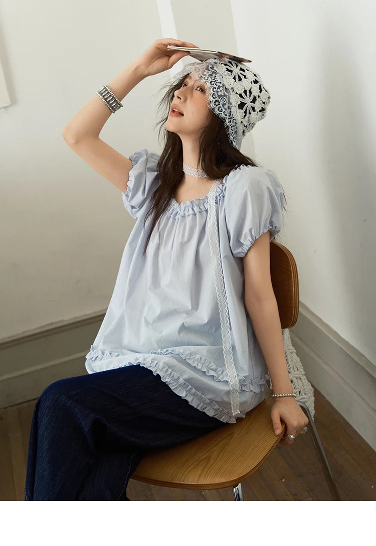 MISHOW Women's Fashion Puff Sleeve Blouse 2025 Summer Casual O-Neck Edible Tree Fungus Spliced Top Female Clothing MXE39X1929