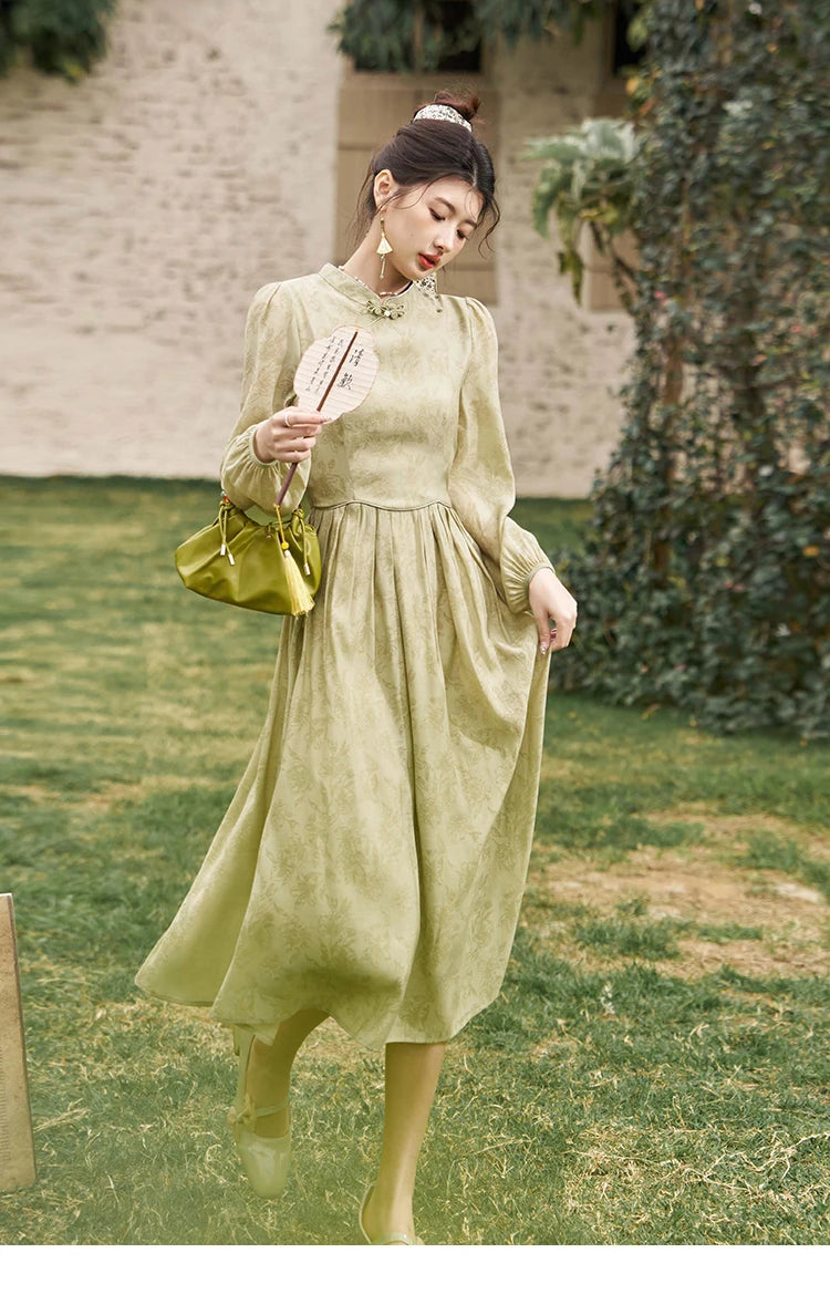 MISHOW Retro Chinese Improved Cheongsam Dress 2024 Spring Chiffon Printing Green Puff Sleeve Stand Neck Waist Dresses MXD14L1767