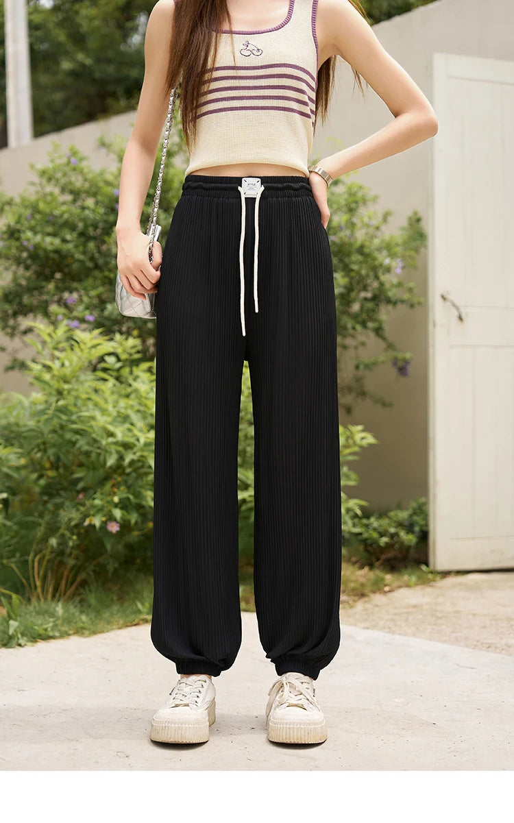 MISHOW Casual Pants for Women 2023 Summer Solid High Waist Slim Straight Elastic Waist Trousers Ankle-Length Pants MXC33K0069