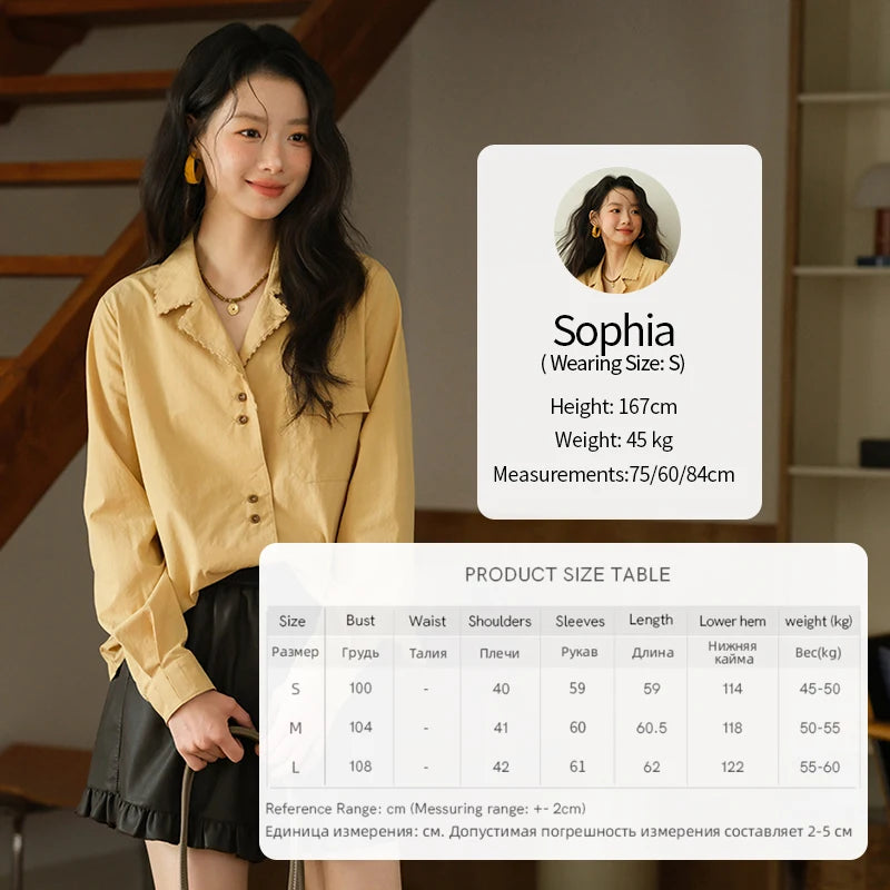 MISHOW Women's Retro Yellow Lapel Cotton Shirt 2025 Autumn Loose Casual Top Contrasting Button with Pocket Shirts MXE41C2356