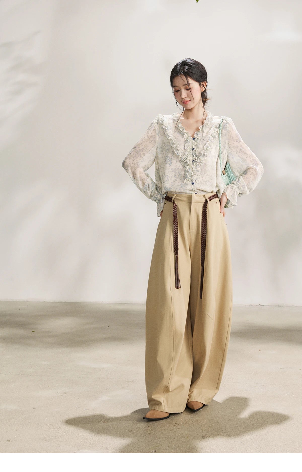 MISHOW Women's Khaki Wide Leg Pants 2026 Spring High Waist Belted Pants Rear Fake Pocket Design Casual Loose Trousers MXF13K1237