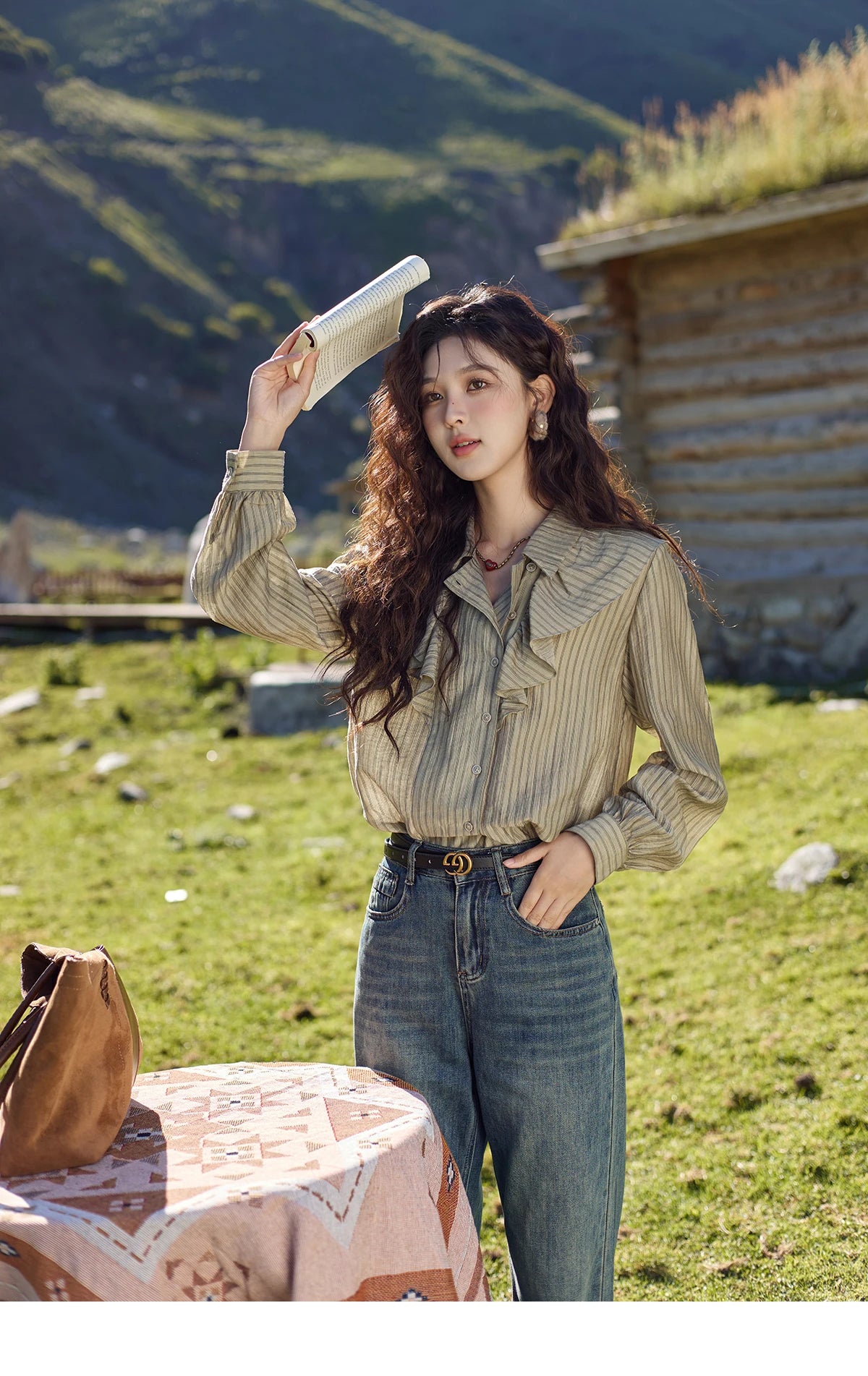 MISHOW Retro Button Long Sleeved Striped Shirt for Women 2024 Autumn Korean Flounce Polo Neck Casual Tops Office Lady MXD41C0321