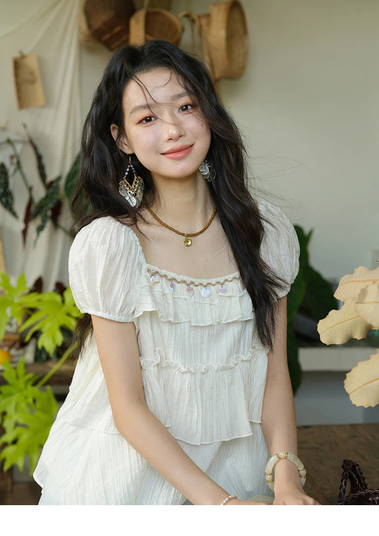 MISHOW Female Fashion Square Collar Loose Blouse 2025 Summer New Commute Puff Sleeve Tierred Top Women's Clothing MXE33X1763