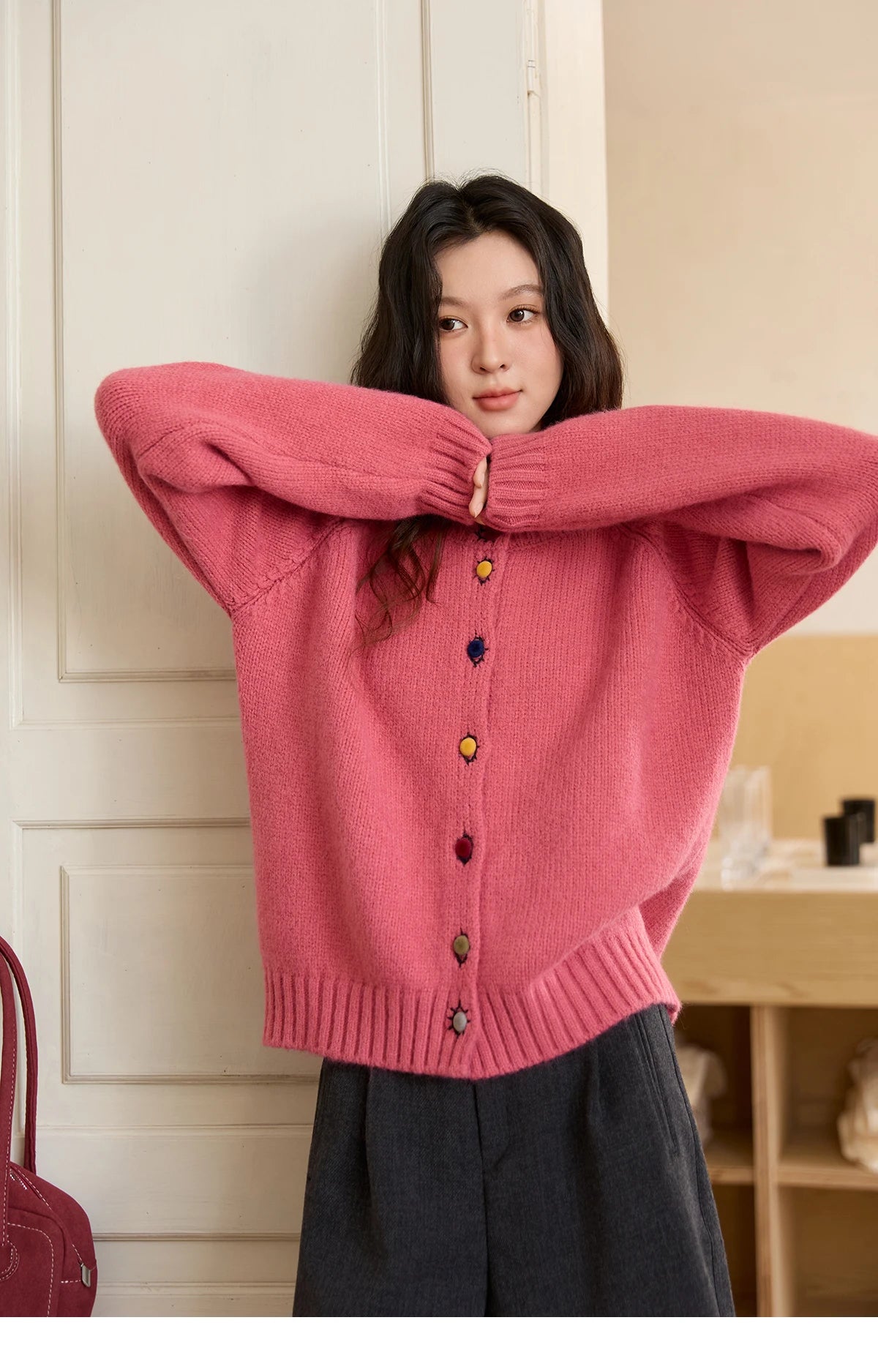 MISHOW Color Button Thickened Sweater for Women 2025 Winter Minimalist Loose Crew Neck Long Sleeves Cardigan Ladies MXE88Z2688