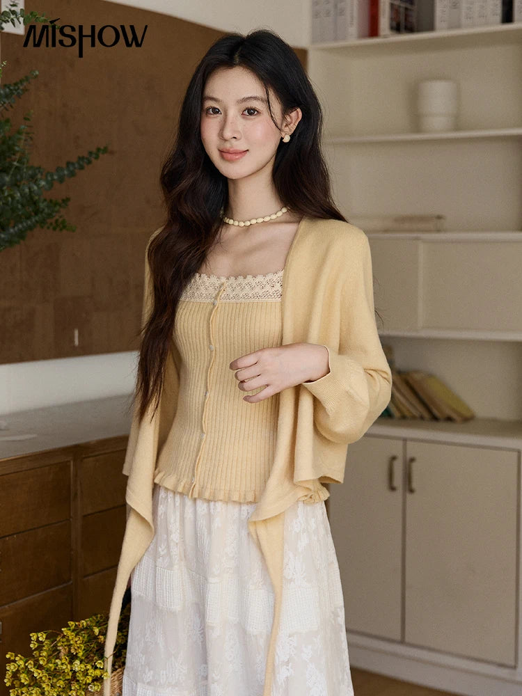 MISHOW Women's Yellow Two-Piece Set 2026 Spring Ruffled Hem Camisole Lace Trim Knitted Cardigan Casual Slim Outfit MXF11T1472