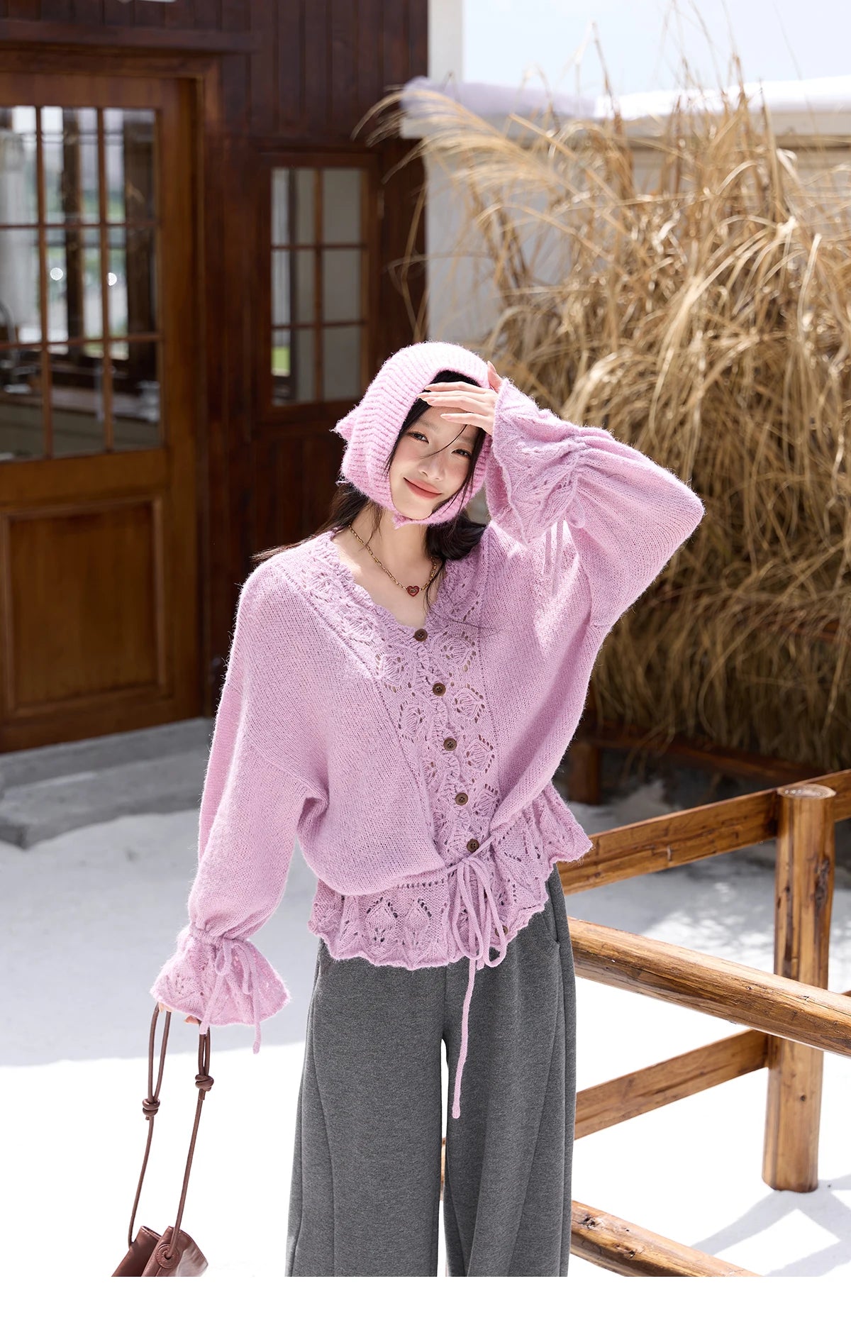 MISHOW Elegant Cardigan Women 2025 Autumn Design Hollow Knit Sweater V-neck Flared Sleeves Loose Casual Sweater MXE47Z2513