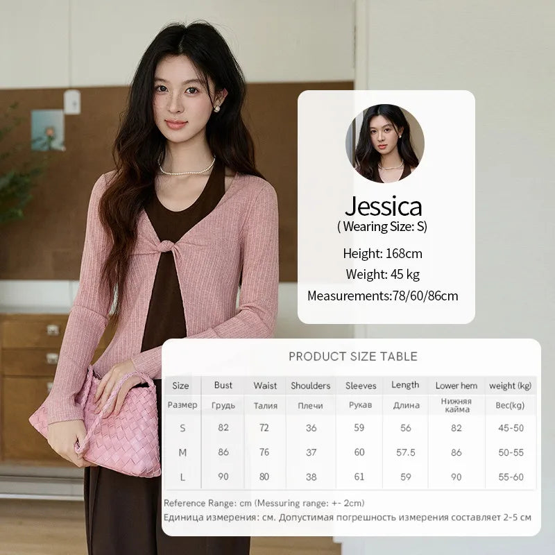 MISHOW Women's Pink Brown Fake Two-Piece Top 2026 Spring Ribbed Knit Knot Front Thin Top U-Neck Long Sleeve Slim Tops MXF11Z2912