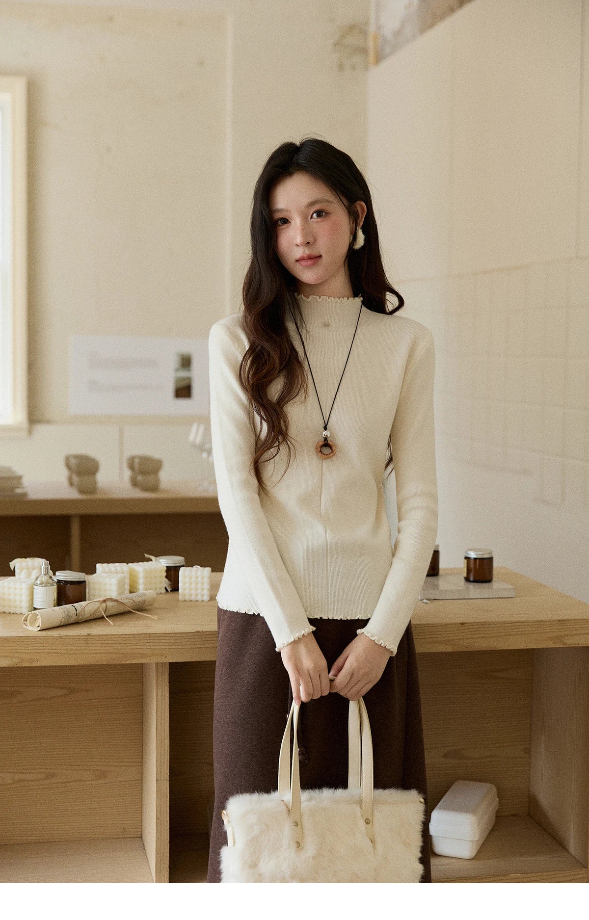 MISHOW Women's Knitted Long-Sleeved Top 2025 Winter Solid Slim Fit Ruffled Turtleneck Sweater Warm Soft Commuting Top MXE91Z2826