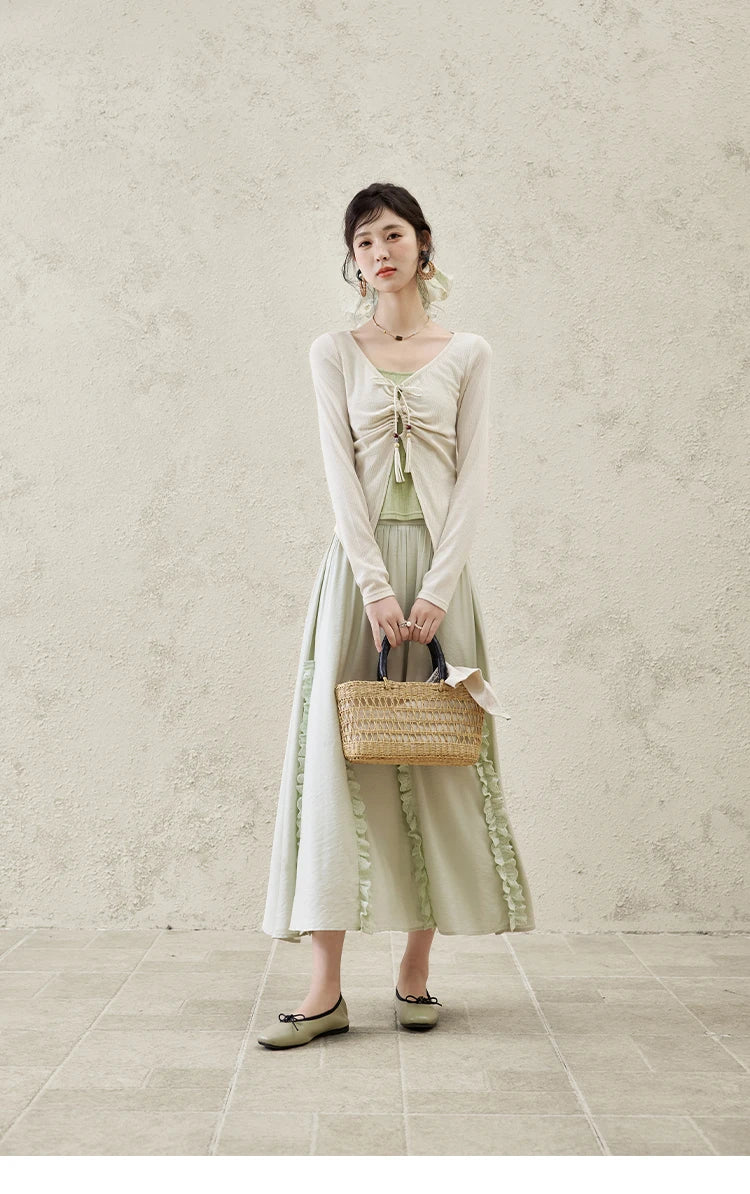 MISHOW Women's Fake Two Patchwork Knitted Spring 2025 Contrast Drawstring Strap Lace-up Tops Retro V-neck Thin Top MXE15Z1185