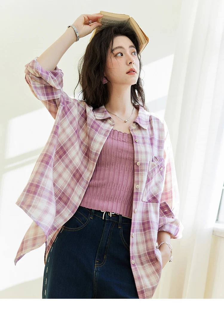 MISHOW Women's 100 Cotton Long-sleeve Purple Plaid Shirt Spring 2025 Loose Pockets Casual Shirts Korean Polo Neck Top MXE14C0417