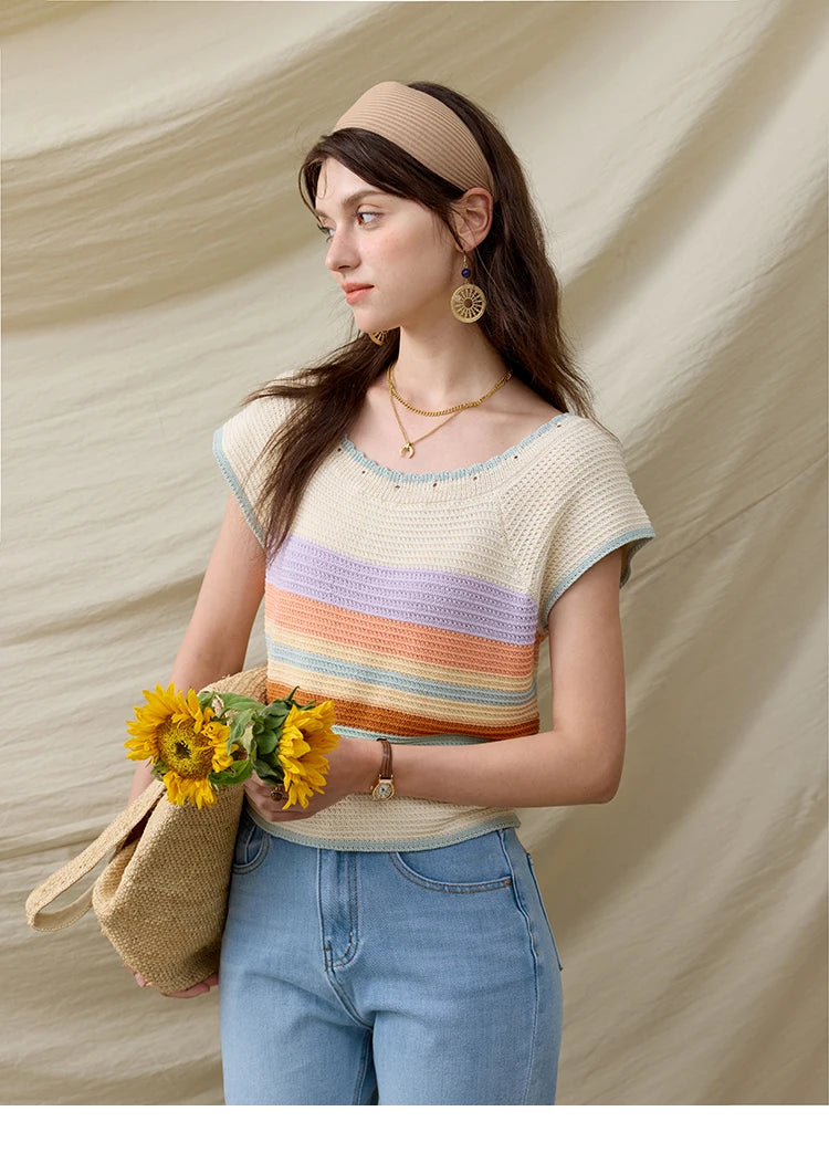 MISHOW Casual Stripe Knitted Pullover Women Summer New 2025 Short Sleeve Round Neck Slimming Tops Female Office Lady MXE31Z1222