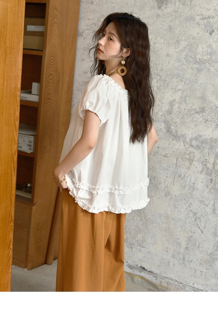 MISHOW Women's Fashion Puff Sleeve Blouse 2025 Summer Casual O-Neck Edible Tree Fungus Spliced Top Female Clothing MXE39X1929