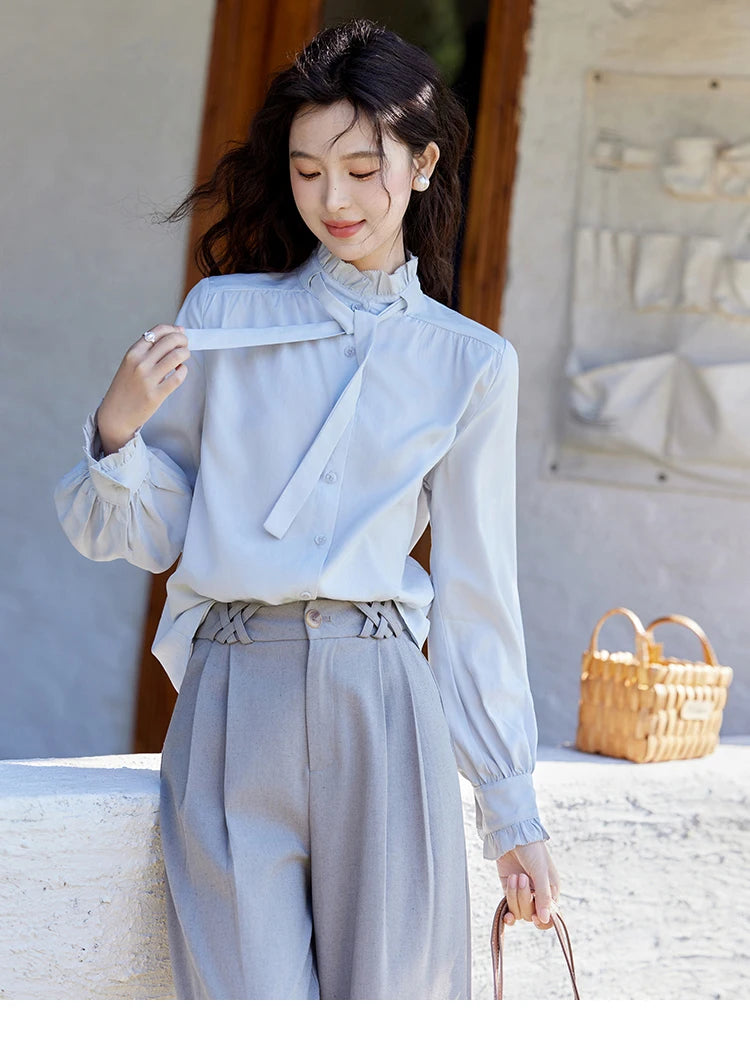 MISHOW French Ribbon Stringy Selvedge Neck Shirt for Women Spring 2025 Slim 100 Lyocell Shirts Solid Commuter Tops MXE13C0383