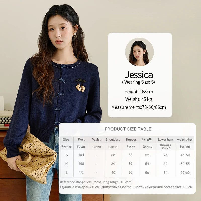 MISHOW Christmas Soft Knitted Cardigan Autumn Bow Placket Retro with Brooch Lantern Sleeve Sweaters O Neck Solid Top MXE45Z1377